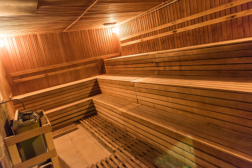 Bath tub hammam sauna hot water, towel beauty wooden sauna. empty