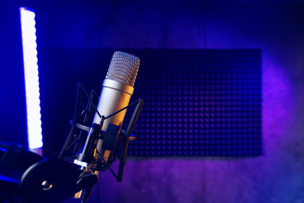 istock Close up of professional microphone in recording studio 1441472371