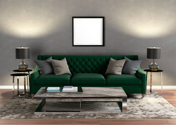 istock Trendy interior in dark colors, classic stylish green sofa with pillows, coffee table, table lamps, gray carpet, photo frame. Furniture, interior object, modern decoration living room, home design 1441474677