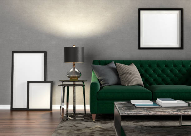 istock Trendy interior in dark colors, classic stylish green sofa with pillows, coffee table, table lamps, gray carpet, photo frame. Furniture, interior object, modern decoration living room, home design 1441474698