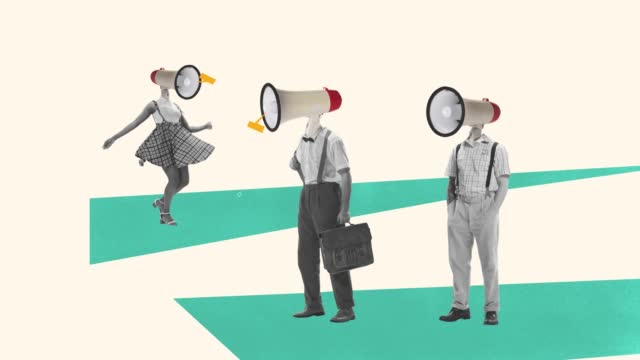 Contemporary art collage. Ideas, imagination, art, surrealism. Group of people with megaphones instead their heads. Concept of social issues, propaganda, mental health