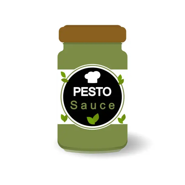 Vector illustration of Vector illustration of a glass jar with pesto isolated on a white background.