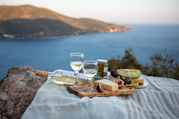 picnic with view of Greece bay stock photo