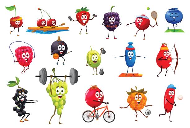 만화 재미 스포츠맨 과일 캐릭터 - relaxation exercise fruit bicycle mode of transport stock illustrations