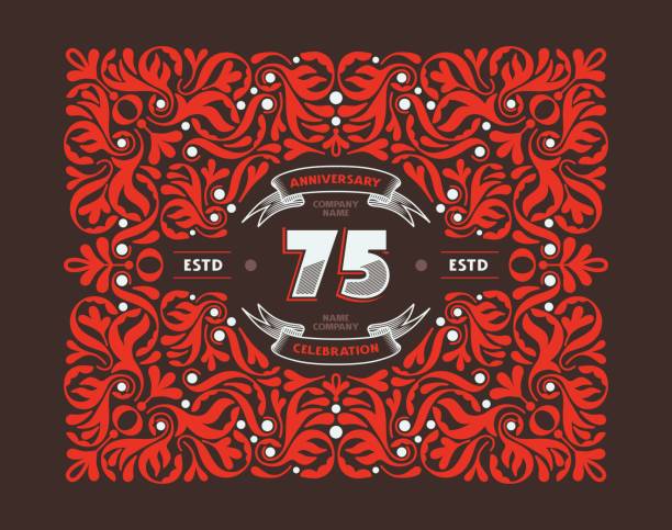 75 years anniversary celebration card with floral ornament in vintage style. Red and white colors on dark background