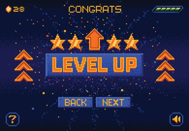 8bit game level up pixel screen background 8bit game level up pixel screen. Retro arcade user interface mosaic backdrop or level design element, 16 bit platform console victory menu pixelated vector background. PC vintage game bonus display video game stock illustrations