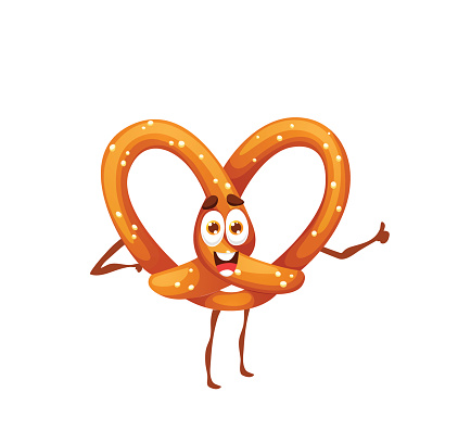 Funny pretzel cartoon character. Isolated vector confectionery, cheerful bretzel personage for kids cafe menu. Pastry or bakery dessert with sprinkles. Cute Beer Fest patisserie