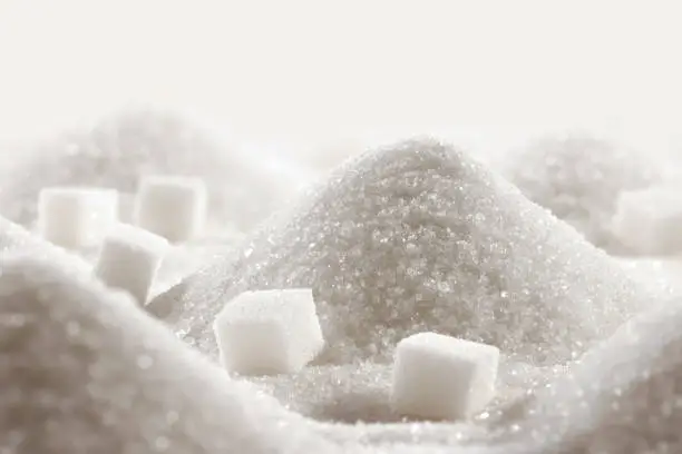 Photo of White granulated sugar and cubes of refined sugar close-up