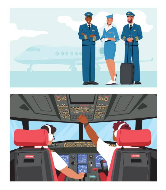 illustrazioni stock, clip art, cartoni animati e icone di tendenza di personale aeroportuale, capitano dell'aereo jet e hostess di volo. personale di servizio aereo. pilota e copilota nella cabina di pilotaggio dell'aereo, equipaggio - one person adult air vehicle commercial airplane