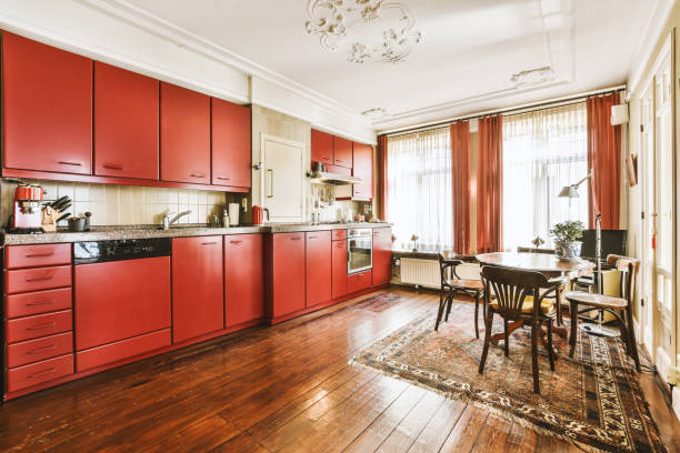istock A spacious red kitchen located in a modern house 1441486231