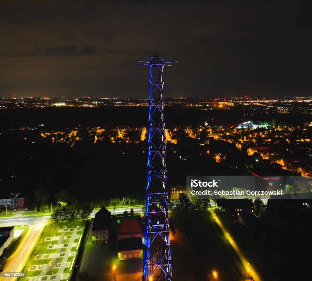 Radio station in Gliwice on night. The largest wooden tower in the world. The historic tower in Gliwice, aerial view. 1939 Stock Photo