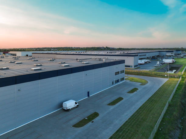 istock Pictures from the drone on the warehouse building. 1441487151