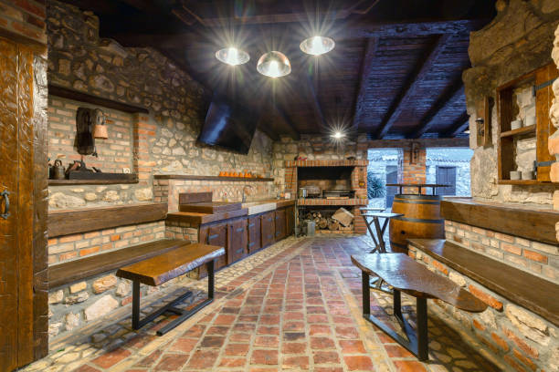Tavern of an old stone house stock photo
