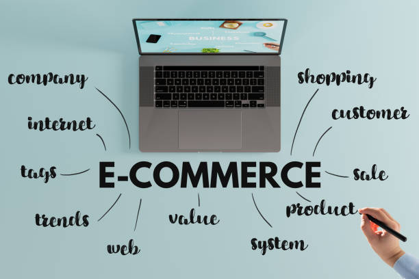 istock Laptop on a blue pastel background with the word ecommerce and a word map. 1441488732