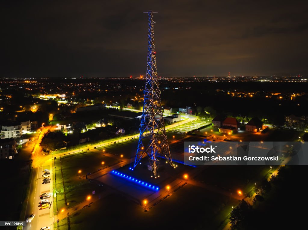 Radio station in Gliwice on night. The largest wooden tower in the world. The historic tower in Gliwice, aerial view. 1939 Stock Photo