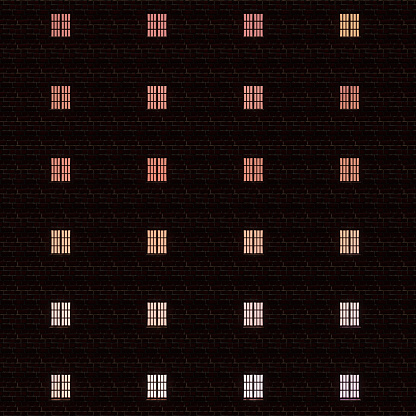 Digital illustration: brickwall facade with many windows at night