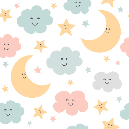 Seamless pattern with cute moon, clouds and stars. Background for babies. Vector illustration.