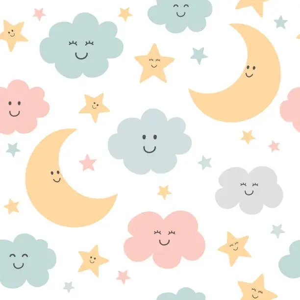 Vector illustration of Seamless pattern with cute moon, clouds and stars. Background for babies.