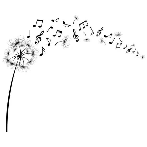 Vector illustration of Dandelion with flying music notes and seeds, vector illustration.