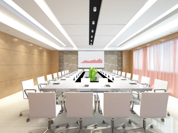 istock Modern Empty Meeting Room With Big Conference Table And Projection Screen 1441496390