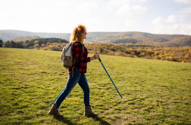 istock Young woman using hiking poles 1441497019