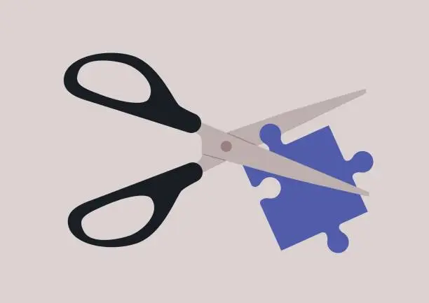 Vector illustration of A cheating way to assemble a puzzle by trimming a piece with scissors, trying to fit in