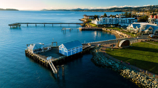 Drone shot over the Town of Sidney, Vancouver Island, BC Canada Drone shot over the Town of Sidney, Vancouver Island, BC Canada saanich peninsula photos stock pictures, royalty-free photos & images