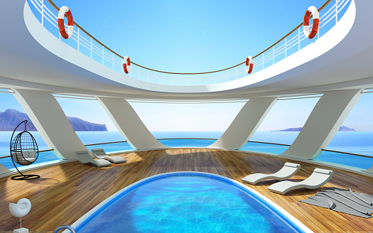 3D illustration. The deck of a luxury cruise liner with swimming pool at sea. Tier yacht. The hotel's terrace