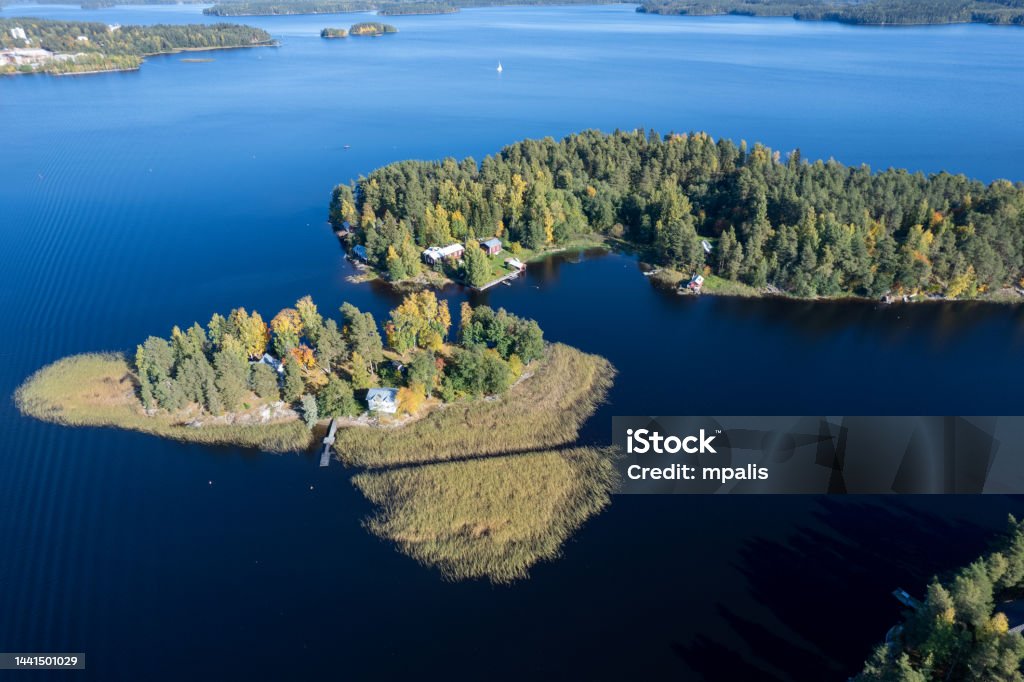 Aerial drone view of Rono and Varnisaary island in kallavesi lake Eastern finland Kuopio , Europe Aerial drone view of Rono and Varnisaary island in kallavesi lake Eastern finland Kuopio , Europe Northern Savonia Europe Finland Stock Photo