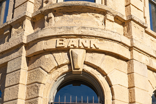 Exterior of old bank building in Madison, Wisconsin, USA.