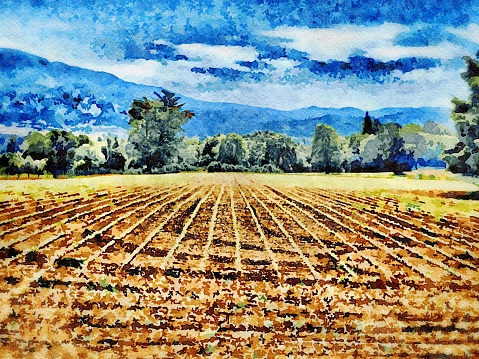 Watercolor effect of a panoramic view of idyllic landscape in the Soča Valley in Solkan during springtime, view of mount Sabotin, Sveta Gora mountain in the background. Nice view of both Solkan bridges: bridge for cars and the famous Solkan stone railway bridge. Vertical view of rocks on the riverbank of the turquoise river Soča near Solkan, a forest and cold running water. Watercolor effect on a photography.