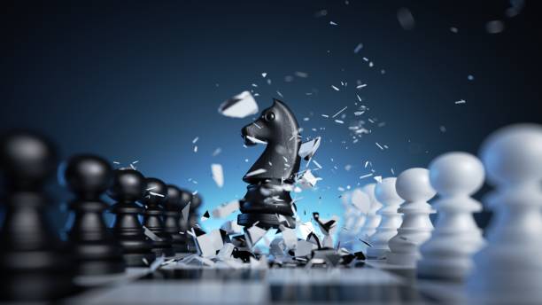 istock 3d illustration, chess game aggressive move, black horse breakthrough, knight chess piece attacks. Business planning strategic concept 1441501923