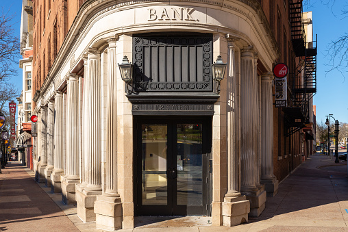 Madison, Wisconsin - United States - November 7th, 2022: Exterior of old bank building in Madison, Wisconsin, USA.