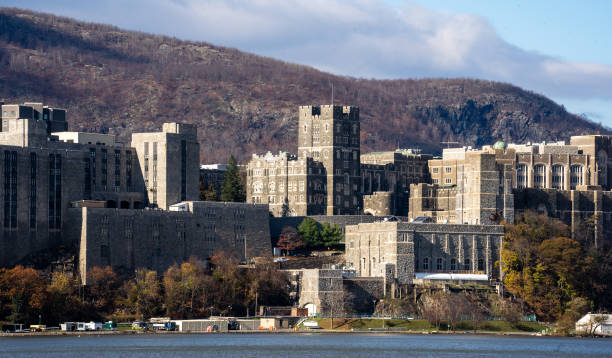 West Point, NY - USA - Nov 12, 2022 Closeup horizontal view of iconic United States Military Academy at West Point, seen from the Hudson River. West Point, NY - USA - Nov 12, 2022 Closeup horizontal view of iconic United States Military Academy at West Point, seen from the Hudson River. logan west stock pictures, royalty-free photos & images