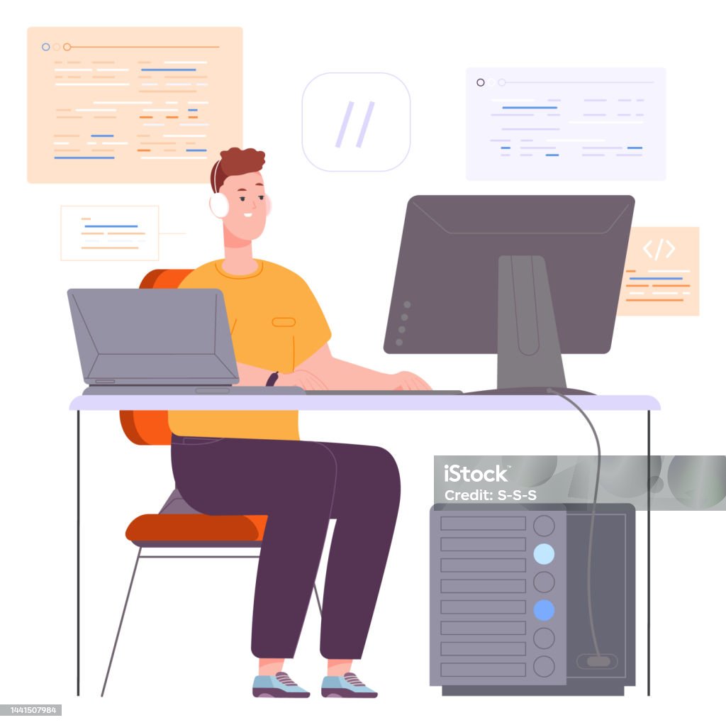Software Development Process Man Working With Script Code Stock ...