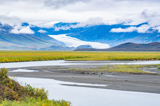 Maclaren Glacier seen from the Denali Highway along the Maclaren River in Alaska