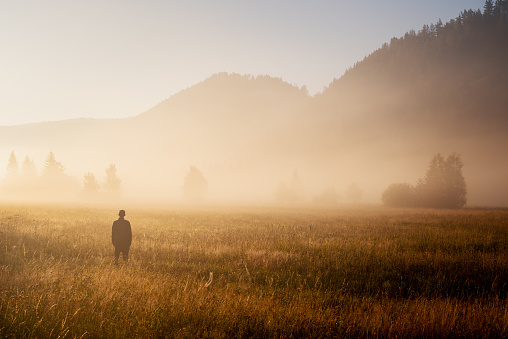 Man standing in a misty field looking to the future. Autumn morning and sunshine on a misty field.