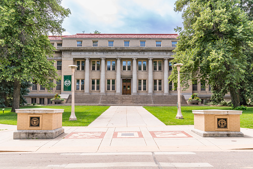 Fort Collins, CO - July 16, 2022: Exterior of the Administrative Building of Colorado State University in Fort Collins, Colorado