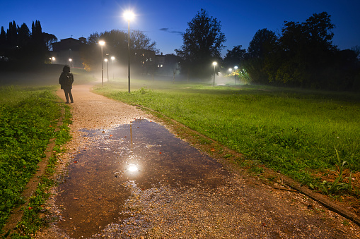 Donna sola nel parco la sera con nebbia