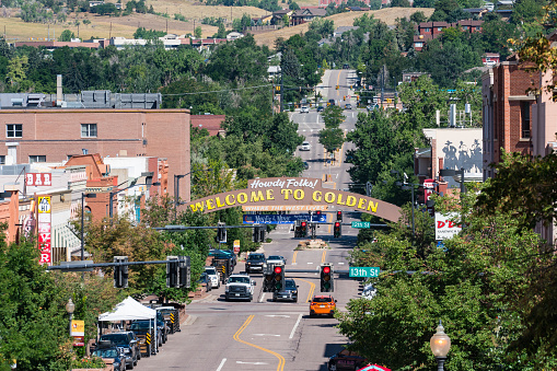Golden, Colorado - August 8, 2022: Welcome to Golden sign along Washington street in Golden Colorado