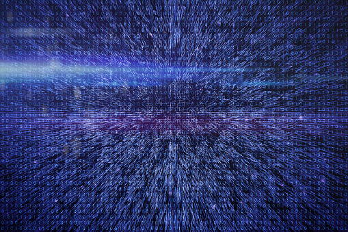 Purple digital data background with matrix numbers grid with light leak