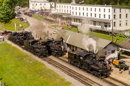 Cass, West Virginia, June 18, 2022 - Aerial View of Five Shay Steam Engines, Warming Up for a Parade of Steam With All Five Engines on a Sunny Summer Day
