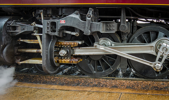 Close Up View of a Steam Train's Running Drive Wheels of an Old Restored Locomotive