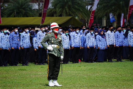 Blitar, East Java, Indonesia - August 17th, 2022 : Indonesian soldier on Independence Day Ceremony