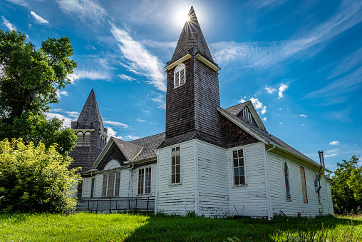 Knox Presbyterian Church, formerly Knox United Church, built in 1884, in Qu’Appelle, SK.  Some of General Middleton’s troops were housed here during the Riel Rebellion in 1885.