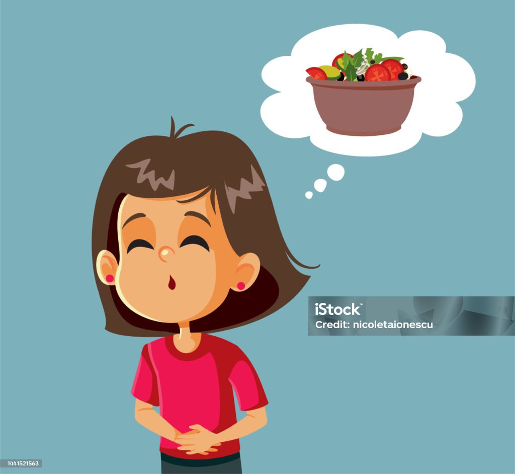 Girl Hurting Being Hungry Thinking About A Salad Vector Cartoon Stock  Illustration - Download Image Now - iStock