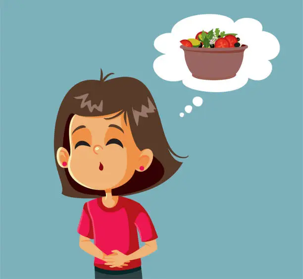 Vector illustration of Girl Hurting Being Hungry Thinking about a Salad Vector Cartoon