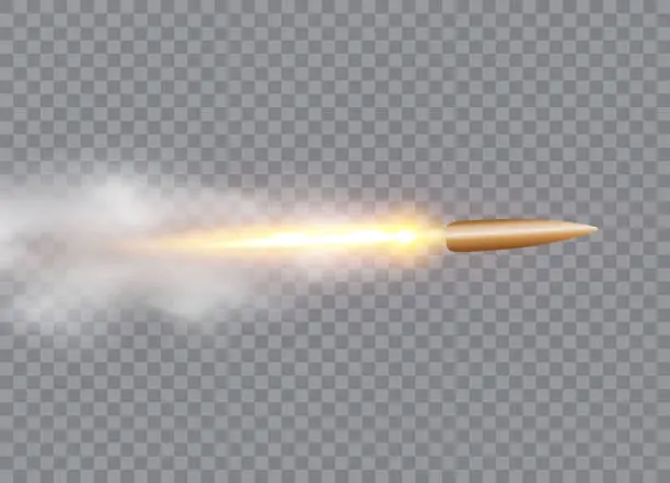 Vector illustration of Realistic flying bullet in motion with the fiery trace. Vector illustration