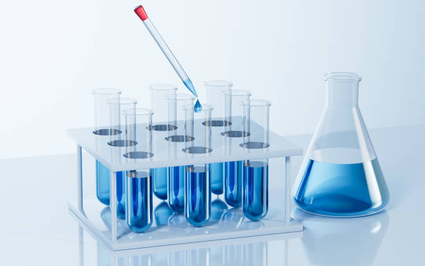 istock Test tubes and conical flask on the desk in the lab, 3d rendering. 1441522345