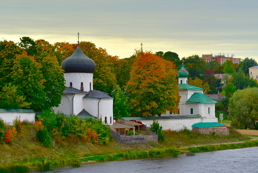 Churches in the Pskov style. The Transfiguration Cathedral of the Mirozhsky Monastery, a monument of Christian architecture of the XII century. Pskov, Russia, 2022